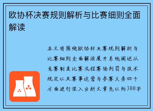 欧协杯决赛规则解析与比赛细则全面解读